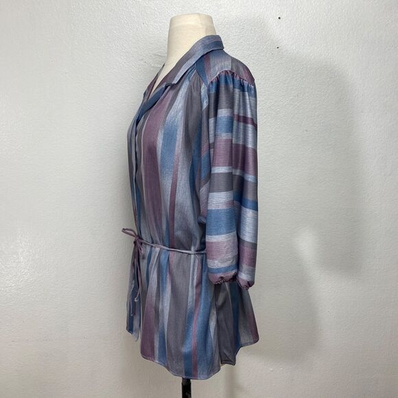 Vtg Amy Lynn Womans Blouse XXL Knit Blue Gray Purple Strip Balloon 3/4 Sleeves - Picture 8 of 12